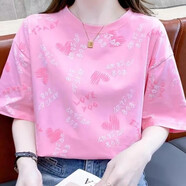 歐堤漫短袖t恤女2025夏季新款圓領(lǐng)時(shí)尚印花寬松甜美顯瘦百搭設(shè)計(jì)感上衣 粉紅色【愛心】 L 【建議115-130斤】