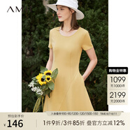 AMII法式復古a字連衣裙女年夏季新款赫本風顯瘦圓領修身裙子 杏黃 （建議拍大一碼） M 160/84A