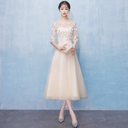 諾麗緹宴會(huì )晚禮服女2025新款高貴優(yōu)雅長(cháng)款年會(huì )主持人伴娘名媛聚會(huì )連衣裙 香檳色中長(cháng)款 L