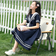 方糖姑娘海軍風(fēng)連衣裙少女初中學(xué)生高中女生夏裝JK海軍領(lǐng)學(xué)院風(fēng)過(guò)膝長(cháng)裙子 22266LX藏青色 L