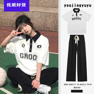 AYFSIS13-15-18初中生高中生少女穿的ins2022夏季新款寬松套裝女休閑運 白色POLO衫+黑色抽繩褲【套裝】 L 建議100-120斤