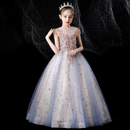 小咔衣濃女童晚禮服生日公主裙高端花童婚禮蓬蓬紗兒童小主持人鋼琴演出服 高貴藍(lán)長款 140