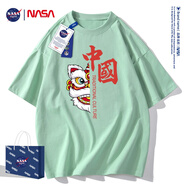 NASA GISS潮牌聯(lián)名國潮短袖t恤男裝新款純棉夏季寬松中國風(fēng)體恤衫ins上衣男 中國獅淺綠色 M  建議110-130斤