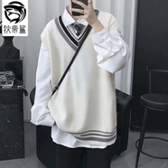 狄帝鯊慵懶風V領毛衣男春秋款寬松學院風針織背心日系復古百搭坎肩馬甲 白色 2XL