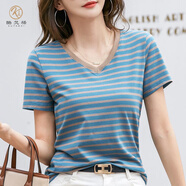 酷梵?。↘UFANXI）V領(lǐng)棉短袖T恤女體恤夏季新款半袖夏天打底衫條紋簡約寬松 藍(lán)條 S(90-98斤)