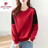 皮爾卡丹純棉衛(wèi)衣女打底衫撞色拼接長(zhǎng)袖大d碼寬松新款秋冬棉文藝上衣 紅色CCC黑【純棉】 L 建議90-110斤