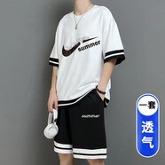 柏樂迪 青少年冰絲短袖t恤男孩12-15歲初高中學(xué)生運(yùn)動套裝14中大童夏裝 3092-2白色（短袖+短褲） 165 L（ 建議體重98-120斤）