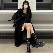 圣保美卡其色風(fēng)衣外套女裝春秋款女士2025新款小個子韓版秋季大衣中長款 黑色風(fēng)衣 M 碼
