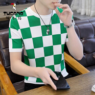啄木鳥 男式針織短袖T恤夏季高端修身冰絲圓領(lǐng)上衣薄款休閑格子半袖體恤 6白綠色 M