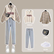 夢(mèng)史怡三時(shí)尚套裝女學(xué)生2022秋季新款女裝格子襯衣馬甲高腰牛仔褲潮 格子襯衣+馬甲+排扣牛仔褲(三) L 【建議100--110斤】