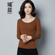 瑤益打底衫女裝秋冬圓領(lǐng)長袖上衣彈力網(wǎng)紗衣蕾絲通勤顯瘦百搭性感小衫 咖啡色 L