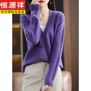恒源祥100純色羊毛絨開衫女春秋新款長(zhǎng)袖寬松V領(lǐng)百搭加厚毛衣針織羊毛衫 藍(lán)紫色 XL