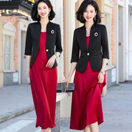 韓依索絲小西裝外套女中袖小西服秋夏薄款氣質(zhì)短款上衣時(shí)尚套裝西服連衣裙 黑色西裝+紅色連衣裙 2XL