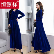 恒源祥2025秋冬裝新款金絲絨連衣裙女絲絨高貴洋氣長(cháng)袖高端氣質(zhì)長(cháng)裙子 寶藍色 L (建議 110-120斤)
