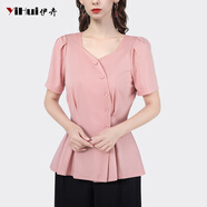 伊卉（YIHUI）彈力針織衫女短袖上衣氣質(zhì)設計感別致小衫洋氣收腰顯瘦2024年夏季 粉色 S