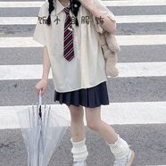 西垂宮（XiChuiGong）日系原創(chuàng  )領(lǐng)帶襯衫女短袖夏季娃娃領(lǐng)襯衣學(xué)院風(fēng)短裙套裝jk制服夏款 杏色襯衫+百褶裙+領(lǐng)帶（套裝） S