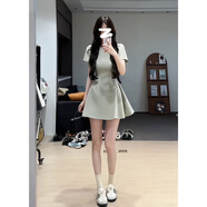 GARNUO白色短袖連衣裙子女夏季法式小個(gè)子高級感小禮服裙收腰小白裙短裙 綠色【短袖短款】 S 【80-100斤】