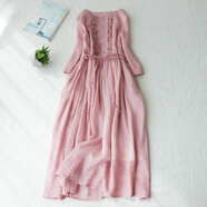 衣若彩亞麻連衣裙中長(zhǎng)款夏棉麻女裝七分袖苧麻雙層棉大擺長(zhǎng)裙 霧霾粉色 L 【建議110-130斤】