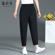 阮黛40-50歲中年婦女夏天穿的褲子薄款松緊腰外褲棉麻九分褲夏季女褲 黑色(單件) M(80至95斤) 均碼