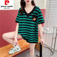皮爾卡丹（pierre cardin）大尺碼女裝2025夏季新款韓版V領(lǐng)條紋短袖T恤寬松顯瘦遮肚半袖上衣 墨綠色 L 建議 115-140斤穿
