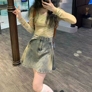 蘭威費雷美式復(fù)古高街壓褶設(shè)計感牛仔半身裙女夏季新款高腰顯瘦短裙子潮 藍(lán)色 L