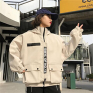 蘭威費雷春秋新款韓版寬松學(xué)生夾克連帽工裝風(fēng)衣短外套女 杏色 M