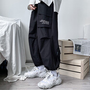尤芮軻胖子大碼230斤工裝褲男春秋季褲子加肥加大碼寬松百搭束腳哈倫褲 黑色 5XL