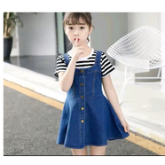 金布?。↗INBUDING）女童春裝洋氣牛仔裙適合3-13歲小女孩穿的連衣裙春秋季新款 淺藍色牛仔背帶裙子+T恤 160 適合身高150cm