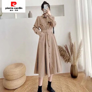 皮爾卡丹（pierre cardin）法式收腰燈芯絨連衣裙女秋冬韓版中長(cháng)款單排扣長(cháng)袖打底過(guò)膝襯衫裙 卡其色 M