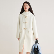 樂(lè )町韓系少女風(fēng)長(cháng)款連帽牛角扣大衣秋冬季新款圈圈毛呢外套女 雪白色(現貨) M