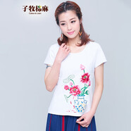 子牧棉麻夏季 女民族風V領拼接繡花修身短袖T恤8051 8013白色 S
