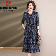皮爾卡丹（pierre cardin）秋季長(cháng)袖闊太太連衣裙中老年女裝時(shí)尚V領(lǐng)修身碎花遮肚連衣裙 藏青色 2XL