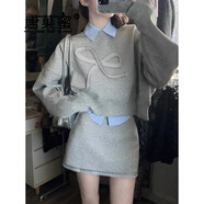唐菓蜜灰色連衣裙女2024秋冬新款女裝美式學(xué)院風(fēng)甜美簡(jiǎn)約顯瘦衛(wèi)衣套裝裙 衛(wèi)衣+襯衫+裙子 S