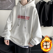 君茵衛衣男秋冬季衣服港風(fēng)學(xué)生寬松連帽印花情侶春秋外套加絨男裝 白色HAMU【加絨款】 L