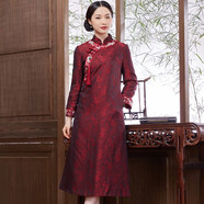 璽玥2025年冬季新款提花緞刺繡夾棉金絲絨宴會禮服紅色改良旗袍連衣裙 圖片色 S (體重95內(nèi))