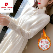 皮爾卡丹羊毛針織連衣裙女蕾絲2023年新款秋冬季配d衣的長(cháng)裙子加厚過(guò)膝內 米白色加絨 3007A S