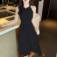 艾珠兒（Aizhuer）法式無袖掛脖式連衣裙女2023新款夏裝顯瘦小個子A字中長裙子夏天 黑色 M