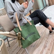 瑞潮 帆布包單肩包女ins文藝大容量手提布袋學(xué)生上課韓版日系百搭簡(jiǎn)約大包 綠色【青蛙掛件】