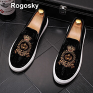 Rogosky 香港潮牌男鞋新款歐美風(fēng)皇冠蜜蜂刺繡燙鉆套腳板鞋男四季懶人休閑簡(jiǎn)約繡花一腳蹬樂(lè )福鞋 黑色標準款 40（皮鞋碼）