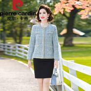 皮爾卡丹（pierre cardin）年輕媽I媽春裝小香風(fēng)外套短款格子上衣40歲女春秋洋氣小西裝針織 藍色 2XL 【110-120斤】