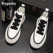 Rogosky香港潮牌男士韓版氣墊休閑高幫板鞋厚底拼色小白鞋內增高青年短靴 白黑標準版 38 皮鞋碼