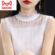 貓人（MiiOW）法式洋氣無袖背心女半高領(lǐng)內(nèi)搭西裝白色上衣蕾絲針織打底衫 白色 S