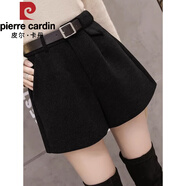 皮爾卡丹（pierre cardin）黑色毛呢短褲女高腰2025新款秋冬加厚闊腿褲百搭顯瘦a字靴褲潮ins 黑色 XL
