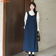藏顏新款學院風甜美藏青色毛呢背心連衣裙子女學生+蕾絲花邊襯衫兩件 【套裝】毛呢背帶裙+花邊襯衫 L