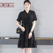 橫行道翻領(lǐng)寬松中長(cháng)款短袖雪紡連衣裙2026新款夏裝純色顯瘦收腰洋氣女裙 黑色 M