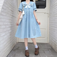 景怡依連衣裙12-20歲夏裝大童韓版中小學(xué)生女孩胖寬松大碼裙子初中學(xué)生 淺藍色 XL