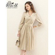 勿忘花減齡娃娃領(lǐng)格子連衣裙女2025秋季新款梨型身材裙子 卡其色 S