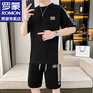 羅蒙（ROMON）冰絲短袖t恤男套裝夏季短袖男士半袖休閑打底衫夏裝短褲一套男裝 T805黑色套裝 XL （建議125斤-145斤）
