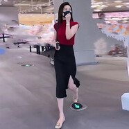 米珀莉（MIPOLI）裙子夏天女裝2025新款氣質(zhì)女神范小香風(fēng)套裝針織上衣開(kāi)叉一步裙 酒紅色套裝 L