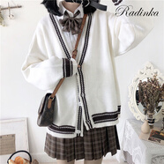 Radinka2025春秋新款條紋學(xué)院風(fēng)中長款毛衣開衫女學(xué)生韓版寬松針織衫外套 米白款 L